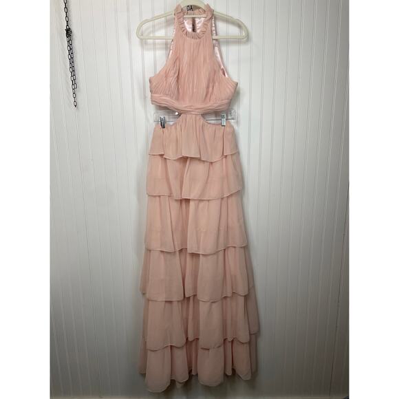 Leena for Mac Duggal 55817 High Neck Tiered Prom Dress Dress Blush Cut Out Sze 6 - Picture 2 of 8